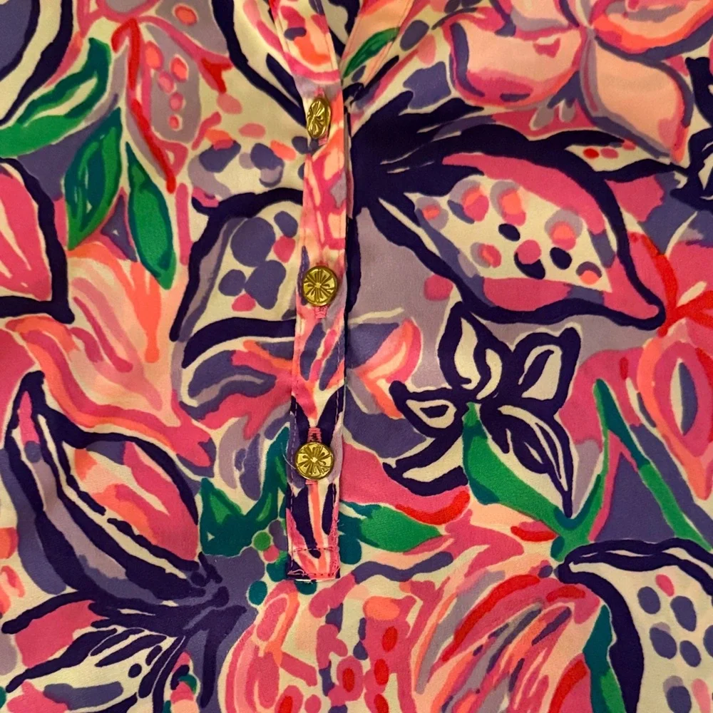 Lilly Pulitzer Pink Purple Green Floral Button-Front Blouse - Picture 3 of 5